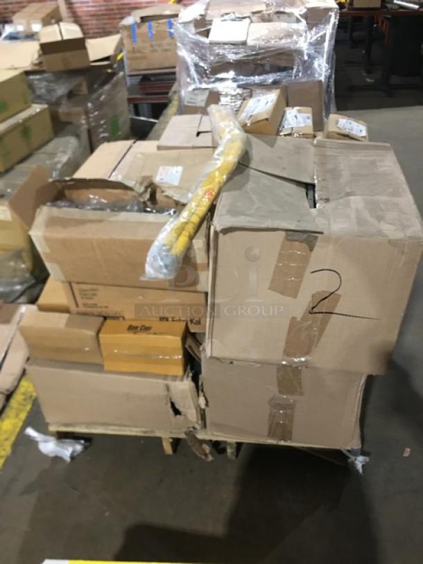 Mixed pallet of commercial kitchen items including Bon Chef saucepan, Winco syrup dispenser, aprons, and more, all brand new.