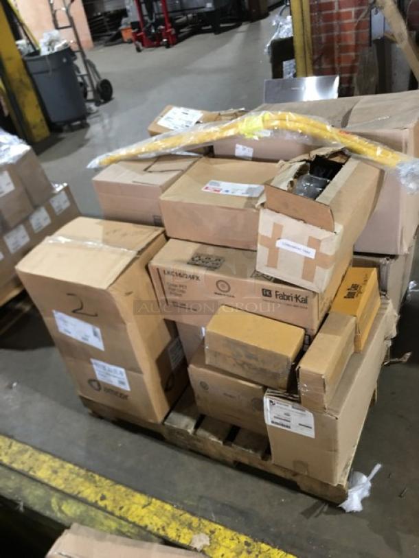 Mixed pallet of brand new commercial kitchen items, multiple boxes from brands like Bon Chef, Winco, Fabri-Kal, Arcoroc.