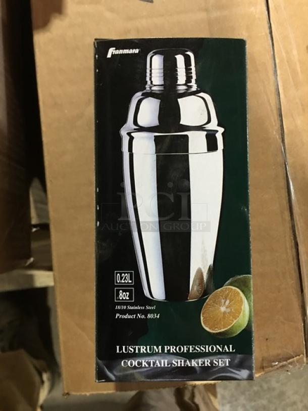 Box displaying Franmara Lustrum Professional Cocktail Shaker Set, 0.23L (8oz), stainless steel, product no. 8034. Image of shaker and lime.