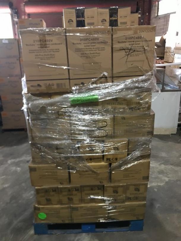 Mixed pallet of brand new commercial kitchen items, including EMI Yoshi trays, Pack N’Wood containers, Sterling compostable knives, shrink-wrapped, on a blue pallet.