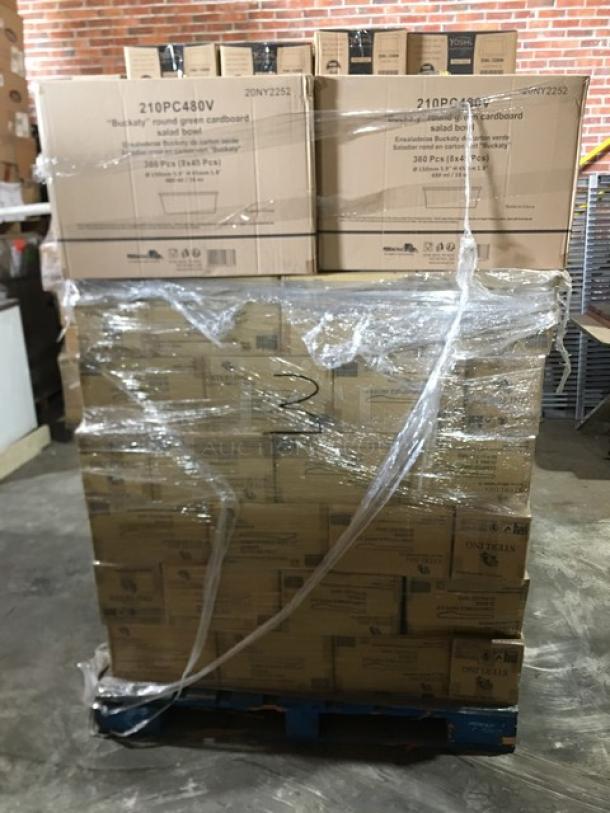 Mixed pallet with EMI Yoshi trays, Pack N’Wood containers, Sterling compostable knives; sealed and brand new.