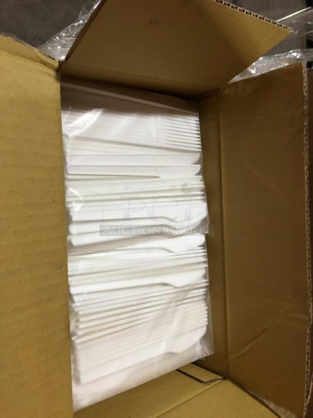Box of Sterling Commercial White 6.5” compostable knives, 50 per bag, new condition, visible packaging in cardboard box.