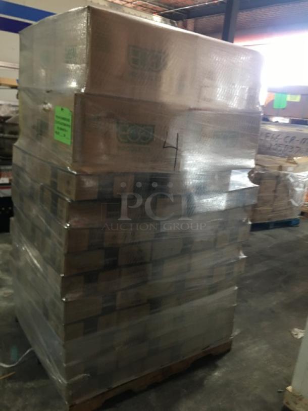 Brand new mixed pallet with Eco-Products Regalia Series compostable sugarcane bowl lids, 50 per case, and EMI Yoshi serving trays, 20 per case. Model: EP-BL160LID and EMI-1218W.