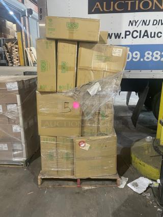 Alt text: Full pallet of Eco-Products EP-SB24 compostable salad bowls with lids, 150 per case, shrink-wrapped, new condition.