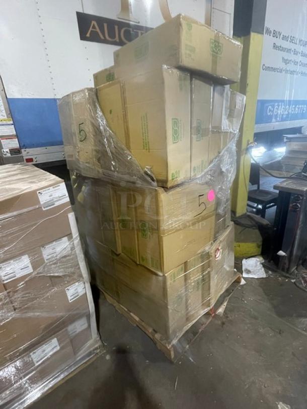 Full pallet of Eco-Products 24 oz. round compostable salad bowls with lids, model EP-SB24, new condition, 150 per case.