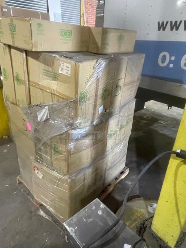Pallet of Eco-Products EP-SB24 compostable salad bowls, 24 oz., with lids. Boxes sealed and shrink-wrapped, 150 per case. Brand new.