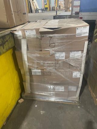 Full pallet of Paterson Pacific Parchment black 2-ply dinner napkins, model NG01046, brand new, 1,000 per case, wrapped for shipment.