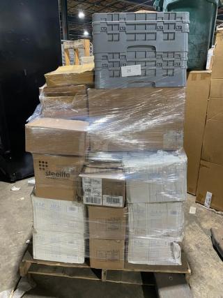 Mixed pallet with CAC China plates, Rubbermaid lids, Steelite plates, Libbey glasses, Bon Chef skillet; new, in boxes.