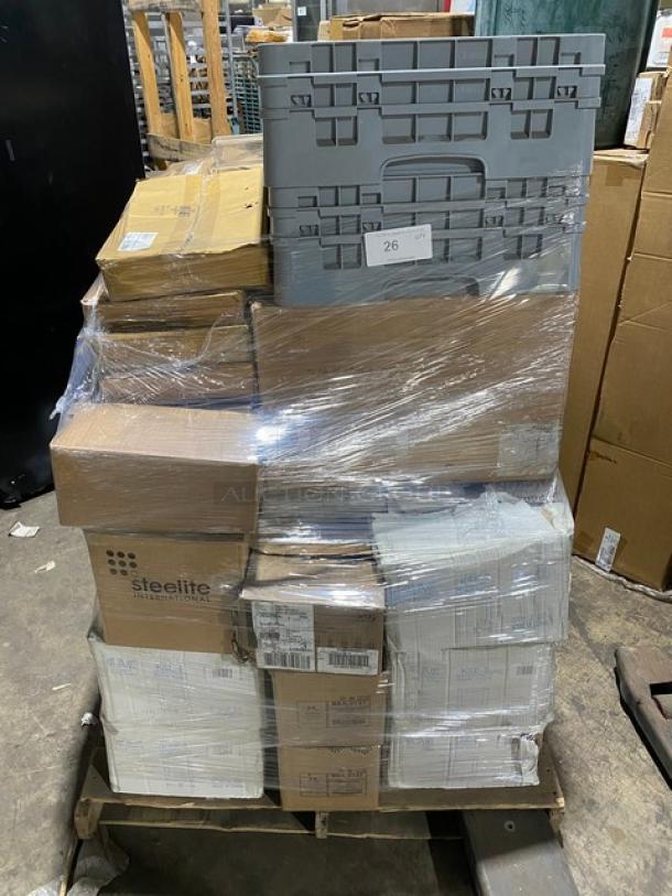 Mixed pallet with new CAC China KSE-8 plates, Rubbermaid FG650900WHT lids, Steelite 9300C503 plates, Libbey 9231 glasses, Bon Chef 71307-CF2-CB pans, and more in original packaging.