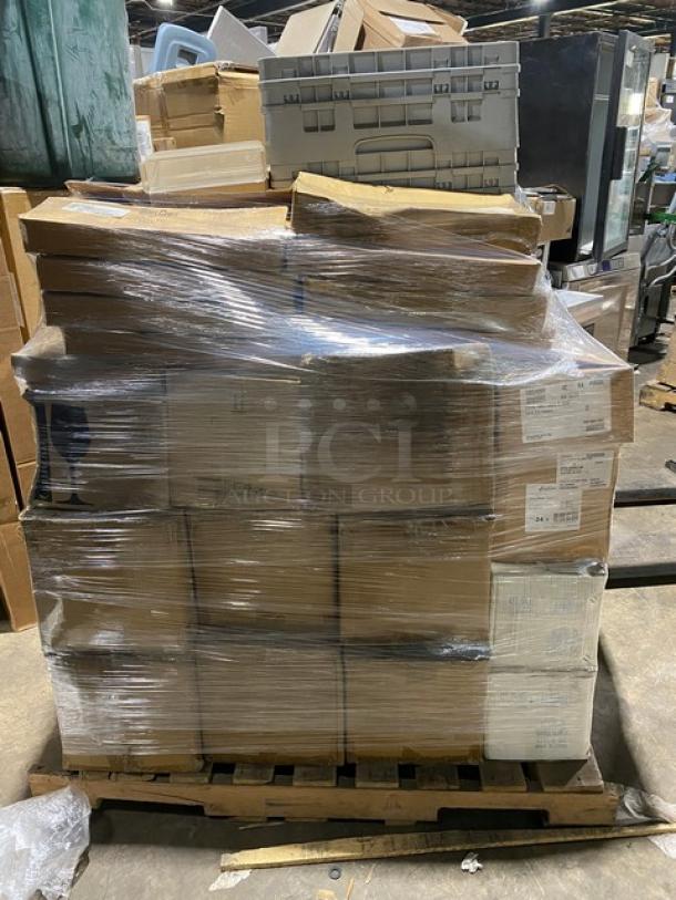 Mixed pallet with new CAC China plates, Rubbermaid lids, Steelite plates, Libbey wine glasses, Bon Chef skillet, and more.