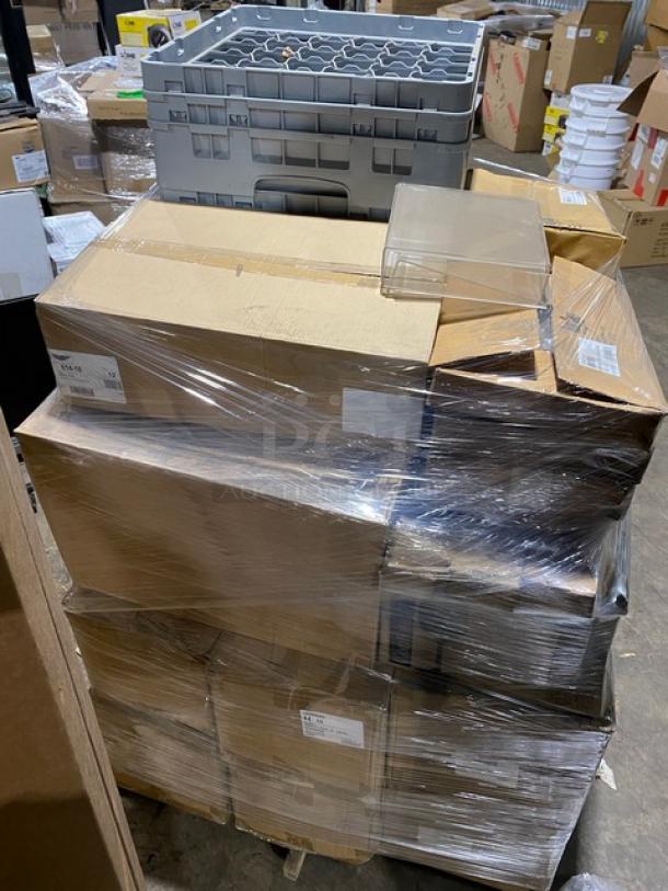 Plastic-wrapped mixed pallet with CAC China plates, Rubbermaid lids, Steelite plates, Libbey glasses, Bon Chef skillet, and more.
