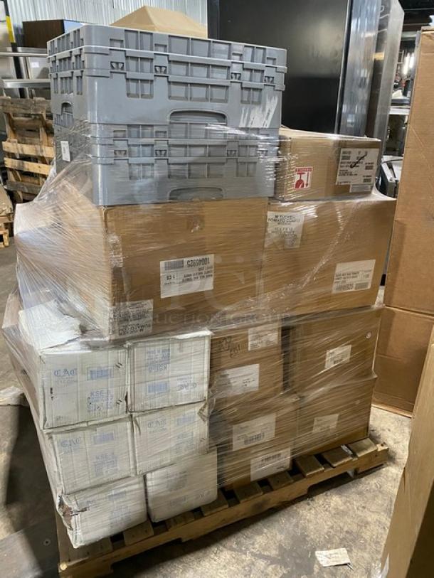 Mixed pallet with CAC China plates, Rubbermaid lids, Steelite plates, Libbey glasses, Bon Chef pan. New condition, boxed.