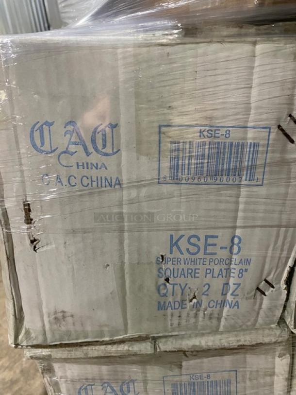 Brand new mixed pallet with CAC China Kingsquare Series 8” square plates, model KSE-8, and more. Box labeled with details.