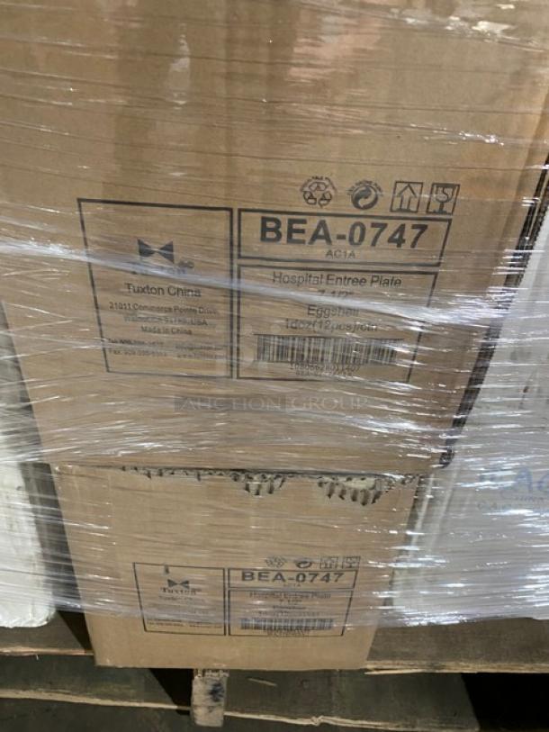Mixed pallet of new commercial kitchenware, including CAC China Kingsquare plates, Rubbermaid lids, and more. Boxes with Tuxton labels visible.