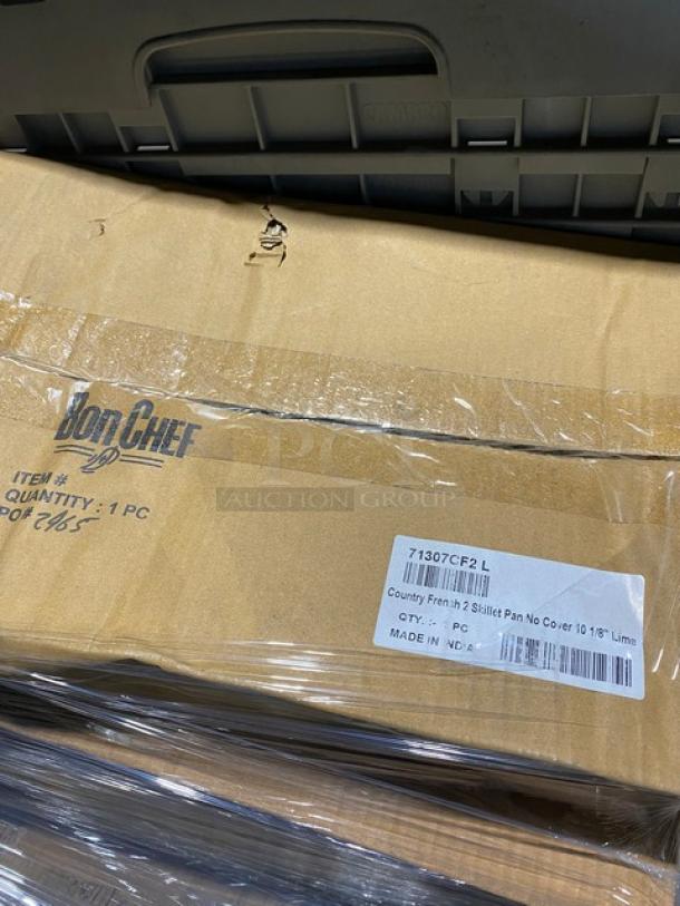 Mixed pallet with Bon Chef box labeled Model 71307CF2 L. Includes various commercial kitchenware items.