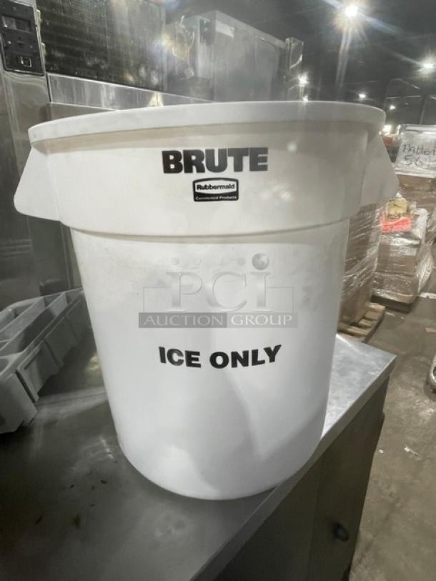 Rubbermaid Commercial Brute Ice-Only container. White plastic, large capacity, marked "ICE ONLY" for designated use.