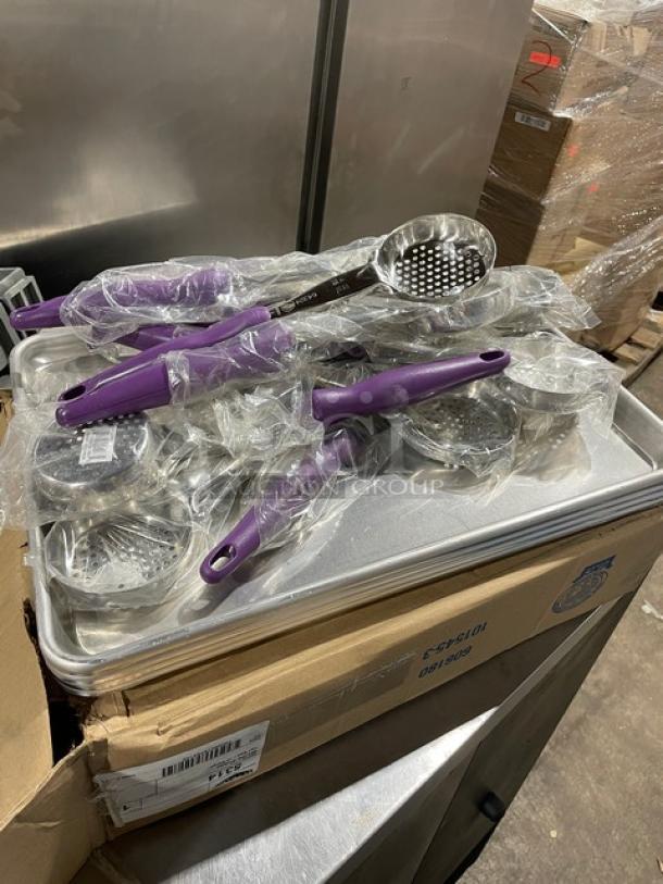 Mixed pallet with Vollrath Super Pan V Series, model 30043, and various new commercial kitchen tools, packaged and unused.