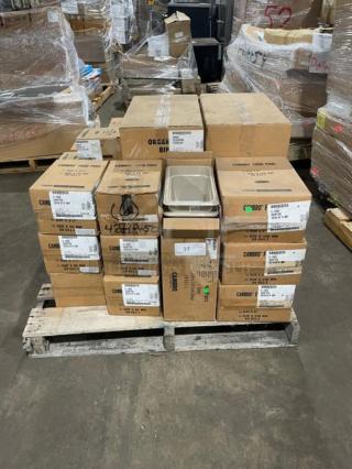 Mixed pallet of new Cambro items: speckled gray organizer bins, amber food pans, black lids. Various sizes, models visible.