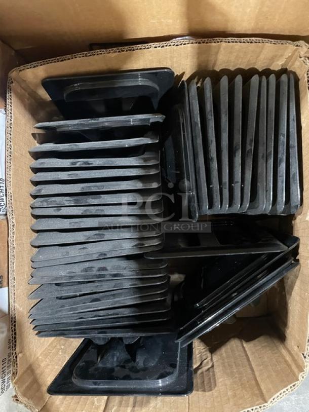 Box of Cambro commercial organizer bins, speckled gray, model 5412CBP480. Includes high-heat and Camwear food pans. New condition.