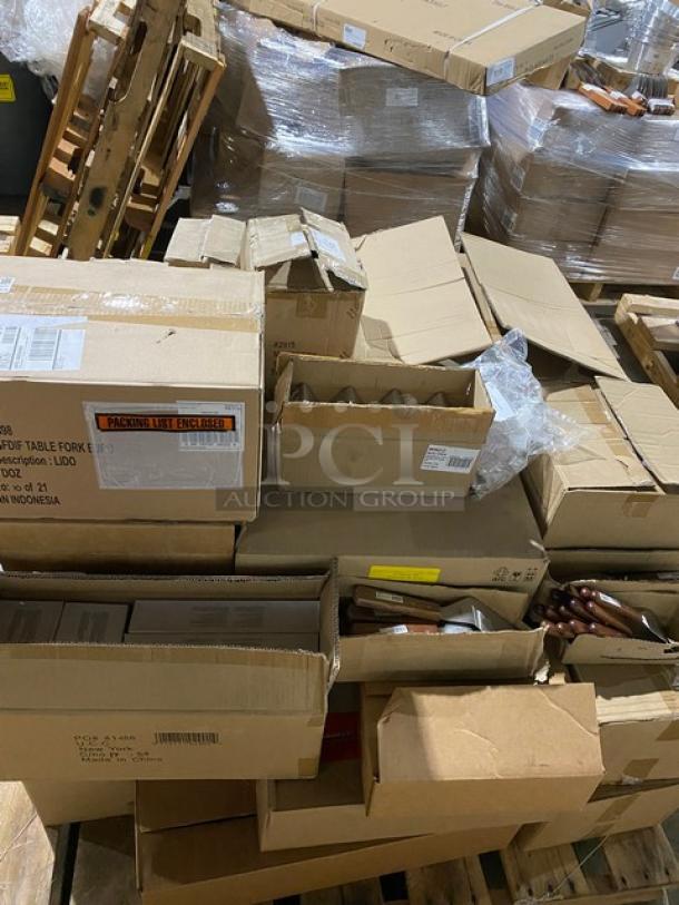Mixed pallet of new commercial kitchenware including C.A.C. China baking dishes, Chef & Sommelier wine glasses, Walco teaspoons, Winco pitchers, Arcoroc mixing glasses, and more. Multiple unopened boxes visible.