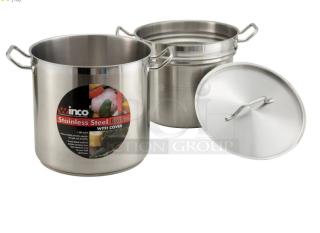 Winco SSDB-8 stainless steel 8 qt. induction-ready double boiler with handles and cover. Features durable construction.