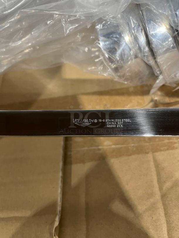 Brand new Vollrath Windway Series 6 oz stainless steel ladle, model 46653, with golden decal handle, in original packaging.