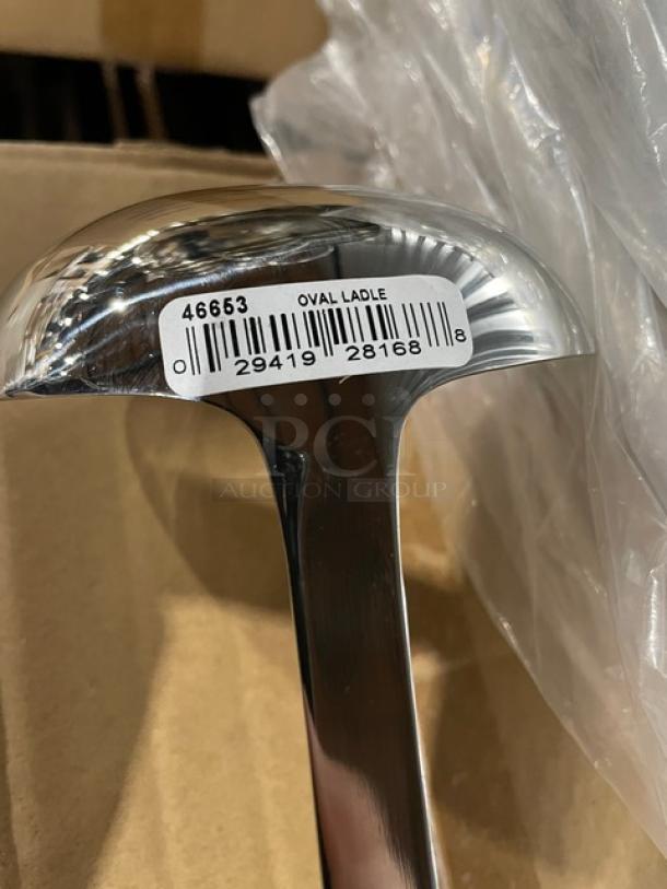 Brand new Vollrath Windway Series 6 oz. oval ladle, stainless steel, Model 46653, with golden decal handle.