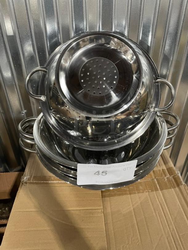 Brand new Winco 5 Qt. stainless steel perforated colander, model COD-5, with handles.