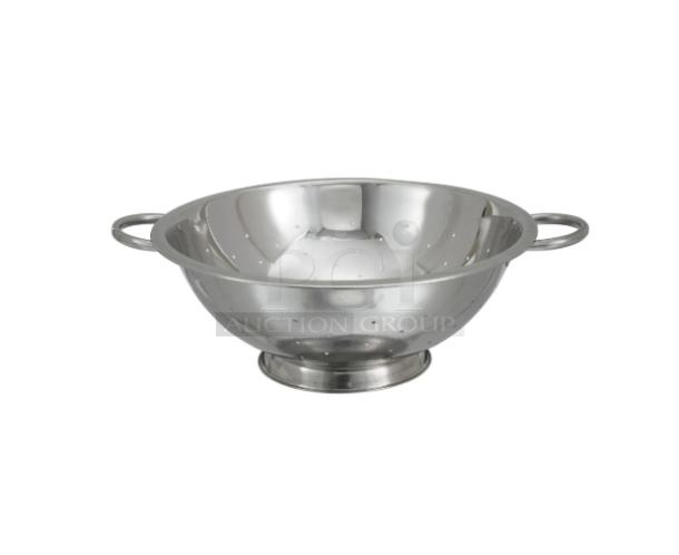 Brand new Winco 14 Qt. stainless steel perforated colander, Model COD-14, with handles, ideal for commercial use.