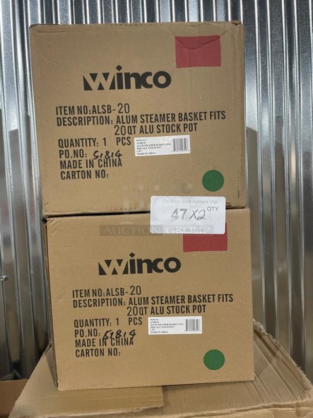 Brand new Winco ALSB-20 aluminum 20 qt. perforated steamer basket in box, flawless condition, made in China.