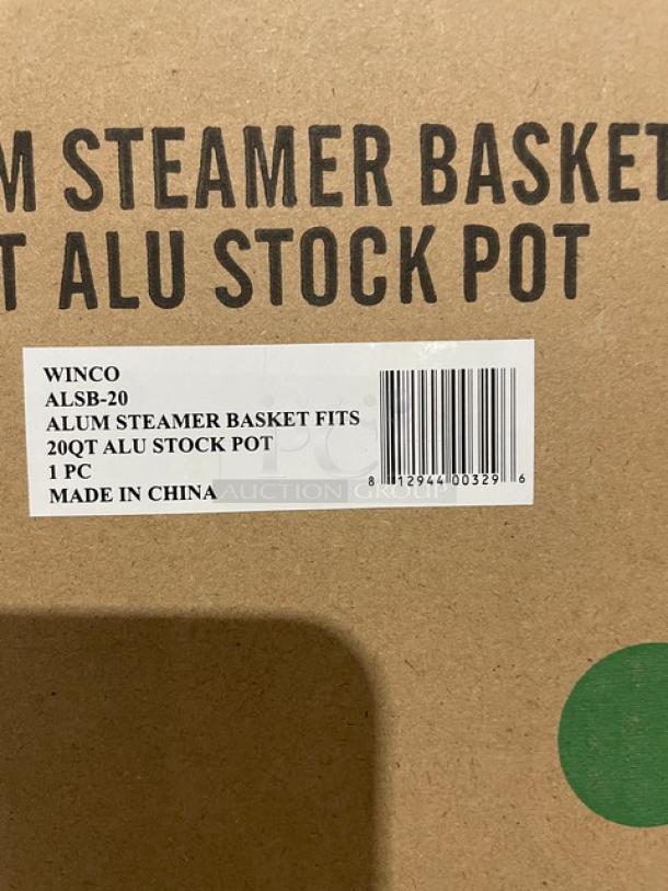 Winco Commercial Aluminum 20 Qt. Perforated Steamer Basket, Model ALSB-20. New, in packaging, fits 20 Qt. stock pot. Made in China.