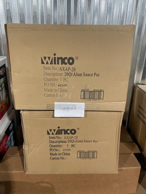 Brand new Winco AXAP-20 20 Qt. aluminum sauce pot in original packaging, features sturdy handles, marked "Made in China".