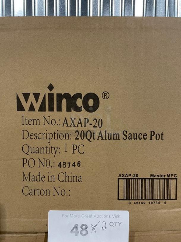 Winco AXAP-20 20 Qt. aluminum sauce pot in box, brand new, with handles. Item No.: AXAP-20, made in China.