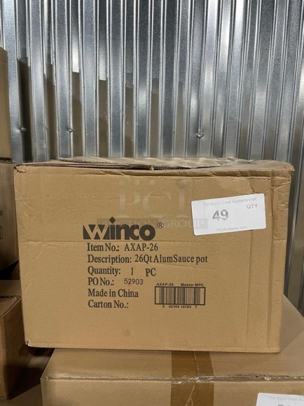 Brand new Winco 26 Qt. round sauce pot, model AXAP-26, in original box with handles. Made of super aluminum.