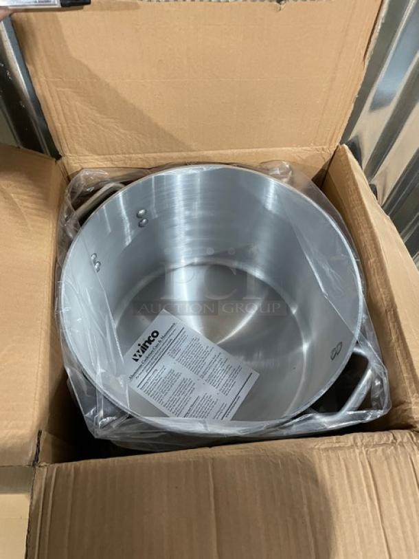 Brand new Winco 26 Qt. Super Aluminum Round Sauce Pot, model AXAP-26, with handles, in original box with manual.