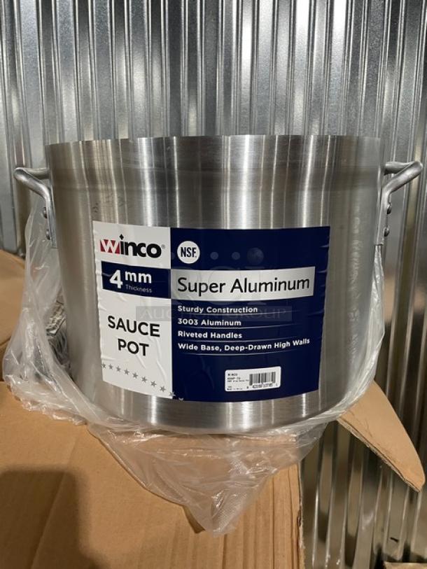 Winco Commercial 26 Qt. Aluminum Sauce Pot, Model AXAP-26. Brand new with riveted handles, 4mm thickness, NSF certified.