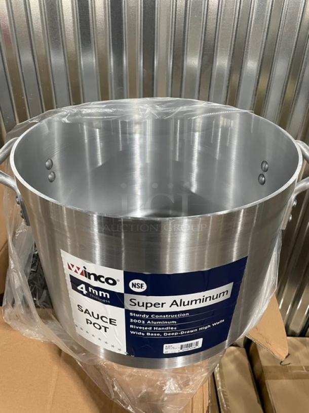 Brand new Winco Super Aluminum 26 Qt. round sauce pot, model AXAP-26. Features riveted handles and durable 4mm thick construction.
