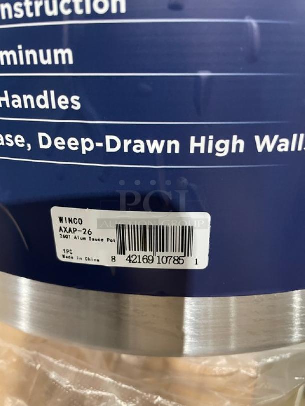 BRAND NEW Winco 26 Qt. Round Sauce Pot, Model AXAP-26, aluminum with handles, barcode label visible.