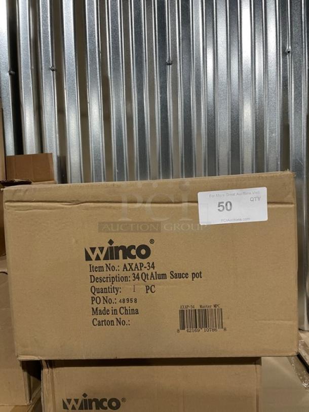 Winco Commercial 34 Qt. Aluminum Sauce Pot, Model AXAP-34. Brand new in box with handles, marked with product details.