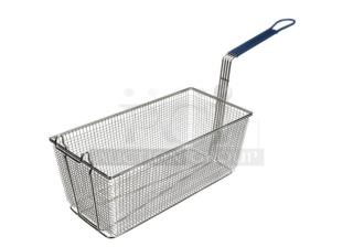 Brand new commercial stainless steel fry basket with front hook and non-slip grip handle.