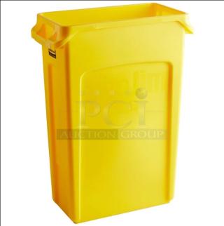 Rubbermaid Slim Jim trash can, model 1956188, 92 qt, yellow, vented, new condition, rectangular design.