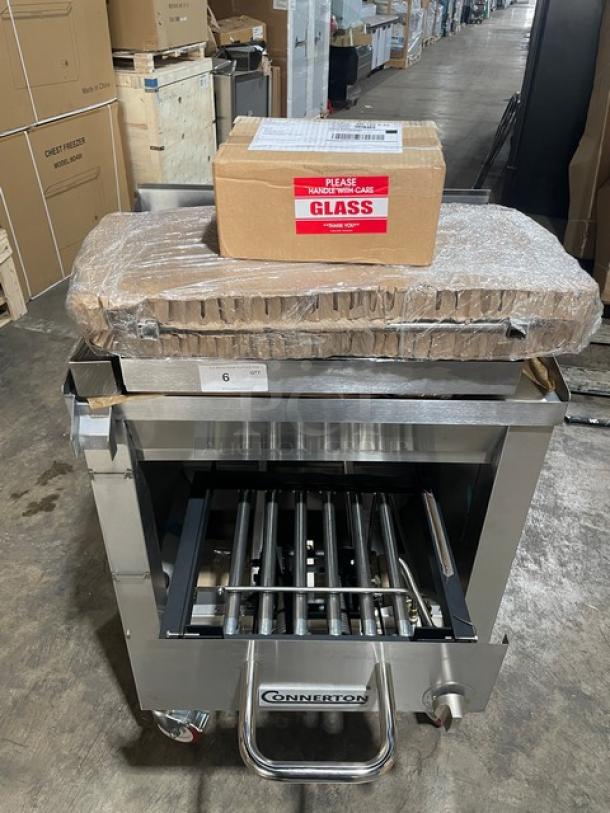 Connerton A1F stainless steel griddle/overfire broiler combo on casters, brand new, natural gas, SN: 127027A23. Box labeled "Glass."