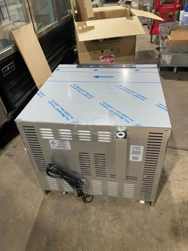Moffat TurboFan E23D3 convection oven, stainless steel, brand new, with wiring and leg attachments shown, model markings visible.