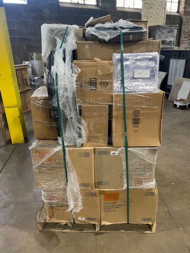 Mixed pallet of brand new commercial food service items, including World Centric compostable containers, Winco food storage, Cambro pans, and more.
