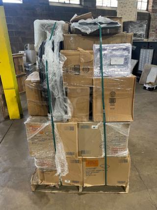 Mixed pallet of brand new commercial food service items, including World Centric compostable containers, Winco food storage, Cambro pans, and more.