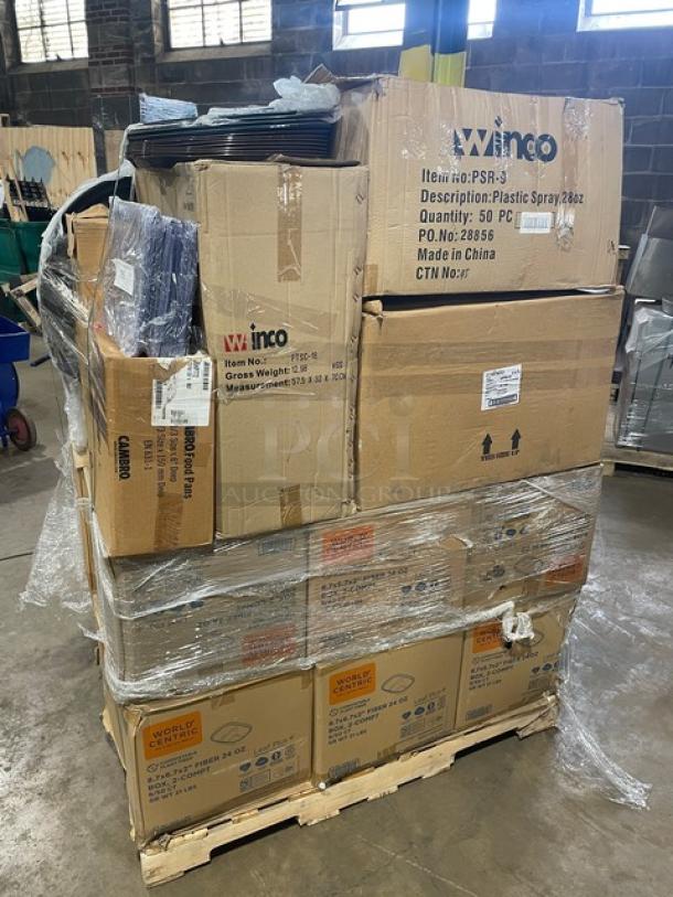 Mixed pallet with World Centric compostable fiber boxes, Winco storage containers, Cambro and Carlisle trays, Winco pourers, and more. Brand new, original packaging.