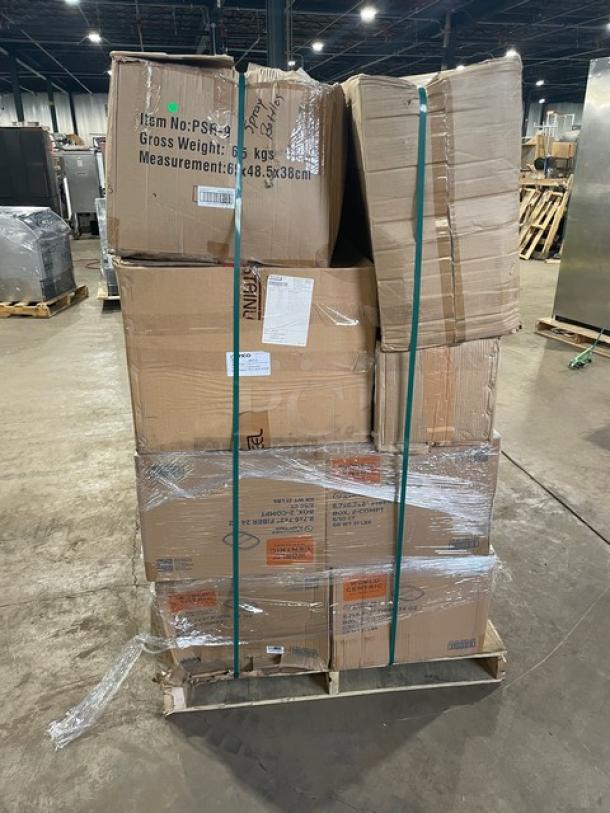 Mixed pallet of commercial kitchen items in new condition, securely wrapped on a wooden pallet. Includes food containers, trays, and kitchen tools.
