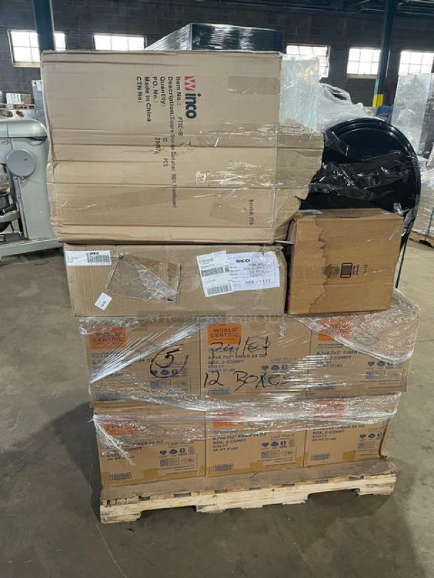 Brand new mixed pallet with World Centric and Cambro containers, Winco trays, and accessories. Items boxed and wrapped on pallet.