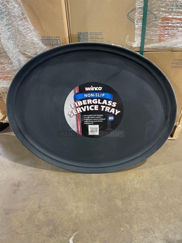 Winco 26"x22" black fiberglass non-slip serving tray with visible product label, new condition, model TFG-2622K.