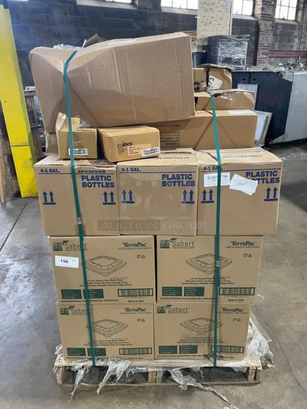 Mixed pallet of commercial items including Gaylord exhaust hood cleaner, Sabert pulp bowl lids, and Winco products. Boxes are sealed and stacked.
